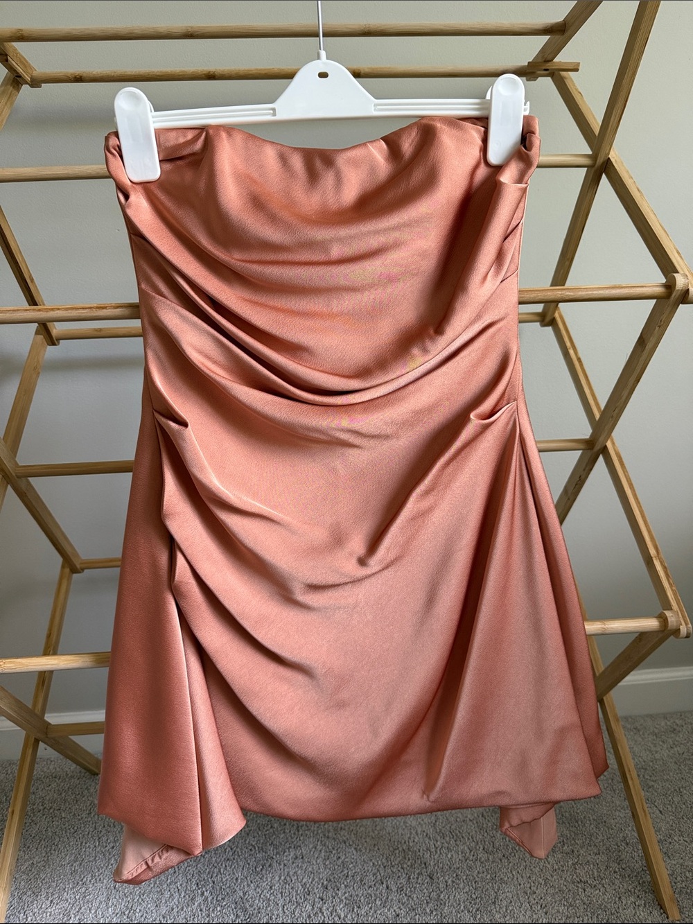 Blue Blush Strapless Satin Dress in Peach